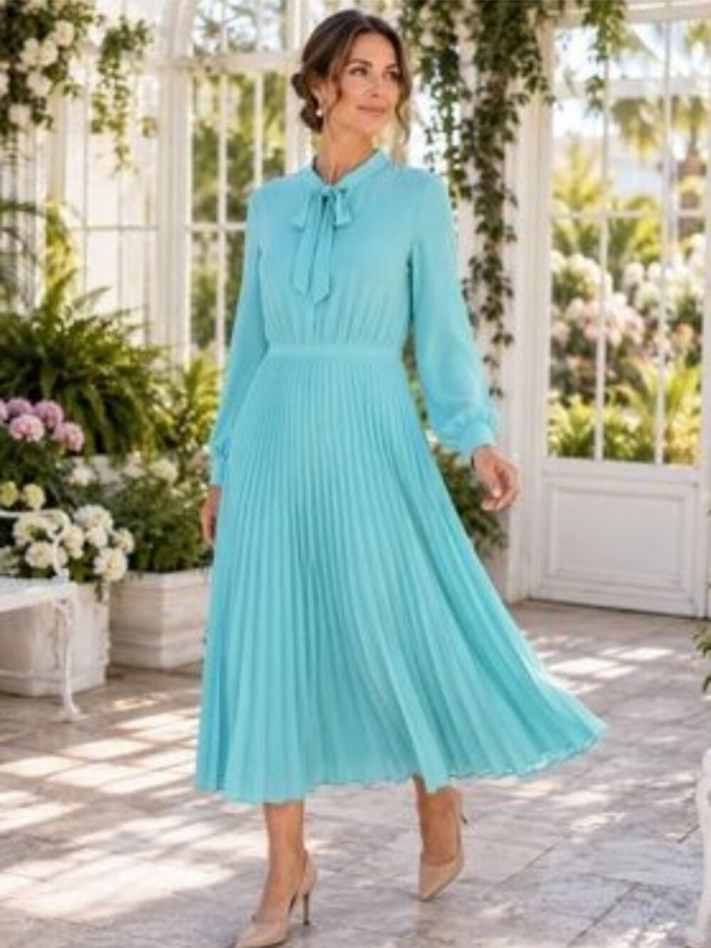 WT Calvin Klein Aqua Pleated Tie-Neck Long Sleeve Midi Dress - Size 6